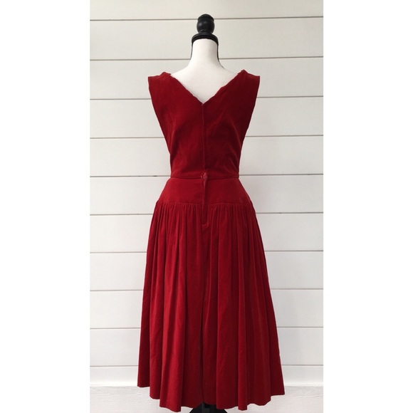 SOLD :: Vintage 50s Red Velvet Circle Midi Dress - Picture 2 of 7